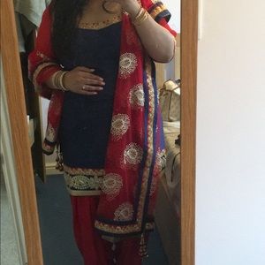 Red and blue heavy Punjabi suit
